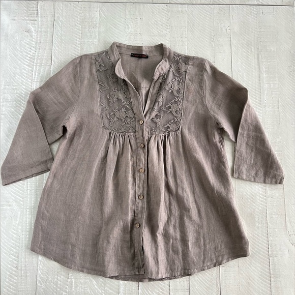 Women’s 100% Linen Romeo Giulia  Lace Button Down Lagen Look Top Made in Italy L - Picture 1 of 6